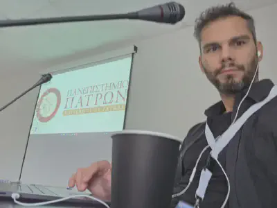 Evangelos Vlachos at the SkySense 2025 workshop, University of Patras, 6 October 2025.